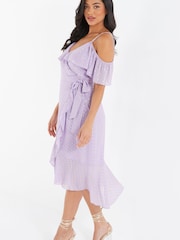 Quiz Purple & Gold Foil Print Cold Shoulder Wrap Midi Dress - Image 3 of 5