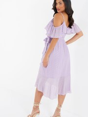 Quiz Purple & Gold Foil Print Cold Shoulder Wrap Midi Dress - Image 4 of 5