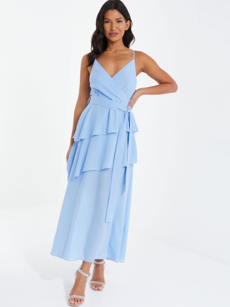 Quiz Light Blue Chiffon Frill Detail Strappy Midaxi Dress - Image 1 of 5