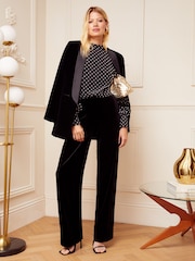 Love & Roses Black Dobby Spot High Neck Lace Trim Long Sleeve Blouse - Image 2 of 4