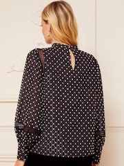 Love & Roses Black Dobby Spot High Neck Lace Trim Long Sleeve Blouse - Image 3 of 4