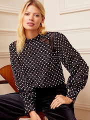 Love & Roses Black Dobby Spot High Neck Lace Trim Long Sleeve Blouse - Image 4 of 4