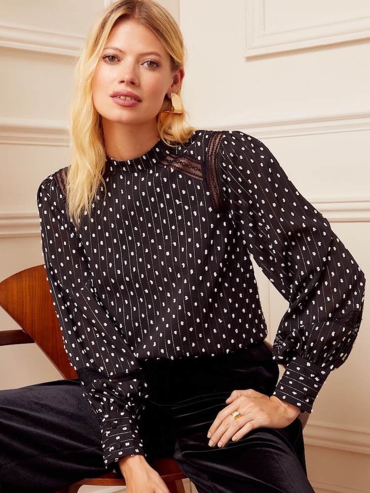 Love & Roses Black Dobby Spot High Neck Lace Trim Long Sleeve Blouse - Image 4 of 4