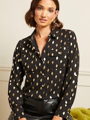 Love & Roses Black and Gold Metallic Petite Patch Pocket Button Through Shirt - Image 1 of 4