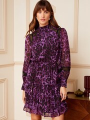 Love & Roses Purple Animal Printed High Neck Lace Trim Belted Skater Dress - Image 1 of 4