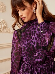 Love & Roses Purple Animal Printed High Neck Lace Trim Belted Skater Dress - Image 2 of 4