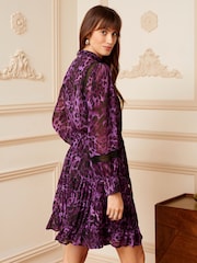 Love & Roses Purple Animal Printed High Neck Lace Trim Belted Skater Dress - Image 3 of 4