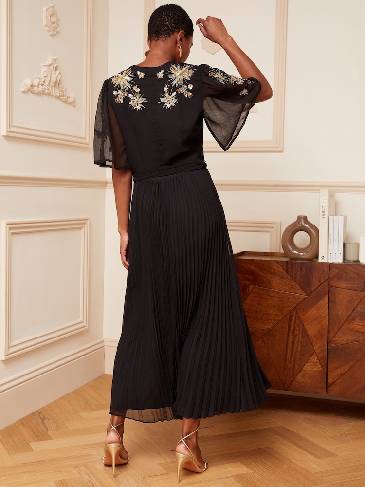 Love & Roses Black and Gold Embellished Sequin V Neck Flutter Sleeve Midi Dress - Image 2 of 4