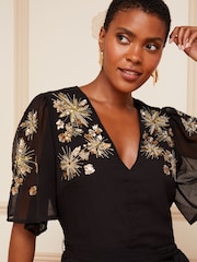 Love & Roses Black and Gold Embellished Sequin V Neck Flutter Sleeve Midi Dress - Image 4 of 4