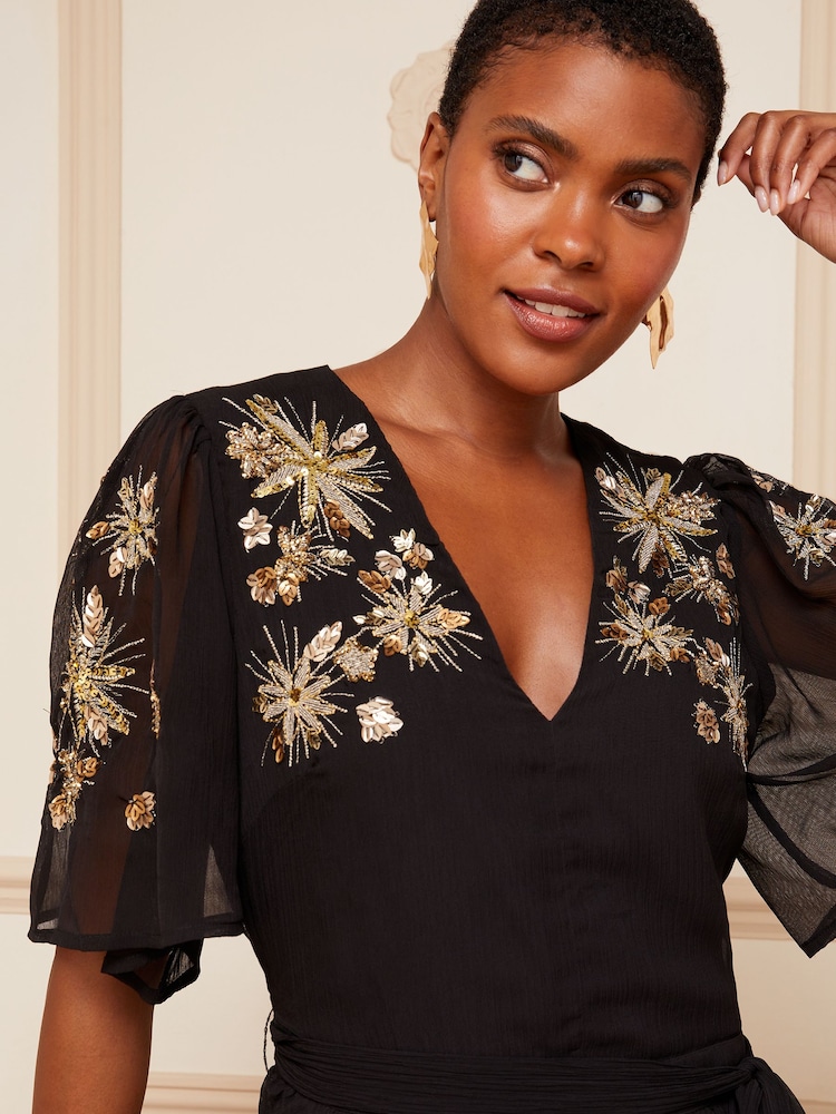 Love & Roses Black and Gold Embellished Sequin V Neck Flutter Sleeve Midi Dress - Image 4 of 4