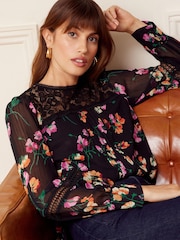 Love & Roses Black Floral Petite Printed Lace Yoke Long Sleeve Blouse - Image 1 of 4