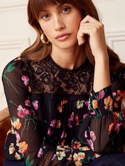Love & Roses Black Floral Petite Printed Lace Yoke Long Sleeve Blouse - Image 2 of 4