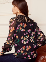 Love & Roses Black Floral Petite Printed Lace Yoke Long Sleeve Blouse - Image 3 of 4