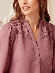Love & Roses Blush Pink Lace Yoke Ruffle Neck Button Through Blouse - Image 2 of 4