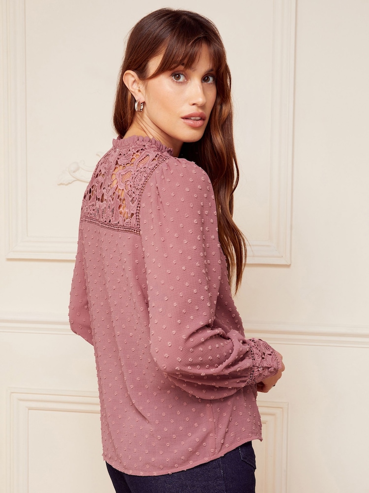 Love & Roses Blush Pink Lace Yoke Ruffle Neck Button Through Blouse - Image 3 of 4