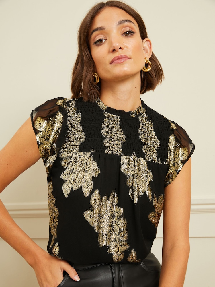 Schwarz - Love & Roses Shell-Top mit Flatterärmeln - Bild 1 von 4