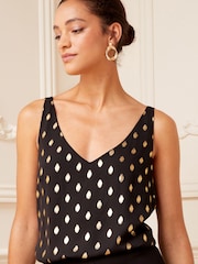 Love & Roses Black and Gold Metallic Petite V Neck V Back Woven Vest - Image 1 of 4