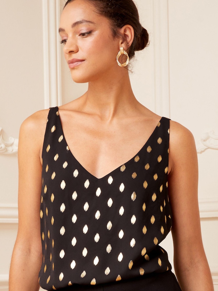 Love & Roses Black and Gold Metallic Petite V Neck V Back Woven Vest - Image 1 of 4