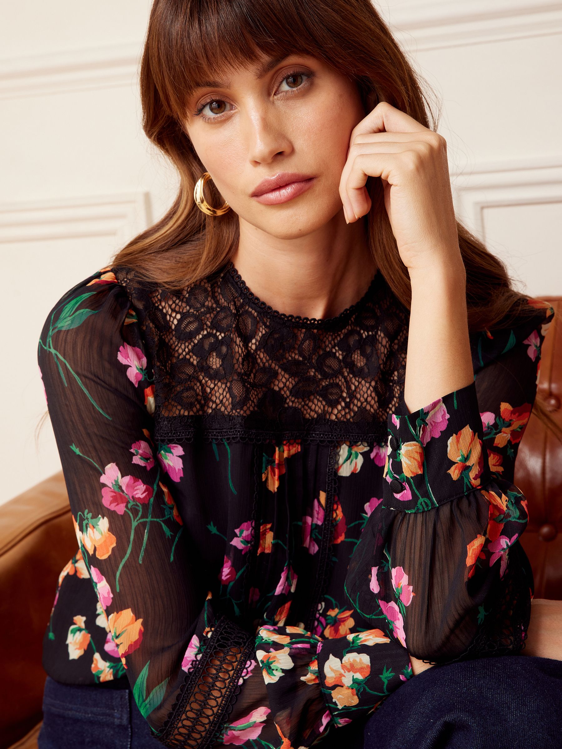 Buy Love & Roses Black Floral Printed Lace Yoke Long Sleeve Buy Love & Roses Black Floral Printed Lace Yoke Long Sleeve
