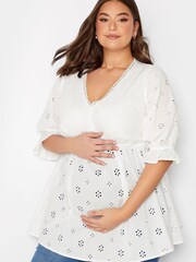 Yours Curve White Maternity Broiderie V-Neck Blouse - Image 1 of 1