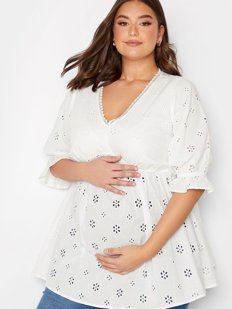Yours Curve White Maternity Broiderie V-Neck Blouse - Image 1 of 1 Yours Curve White Maternity Broiderie V-Neck Blouse - Image 1 of 1