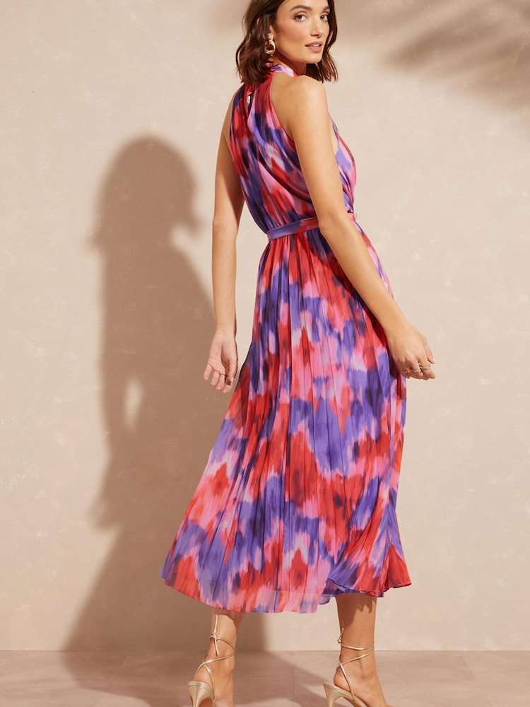 Love & Roses Pink Floral Printed Halter Pleated Belted Midi Dress - Image 3 of 4