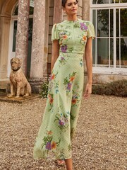 Love & Roses Green Petite Metallic Printed High Neck Flutter Sleeve Midi Dress - Image 2 of 4