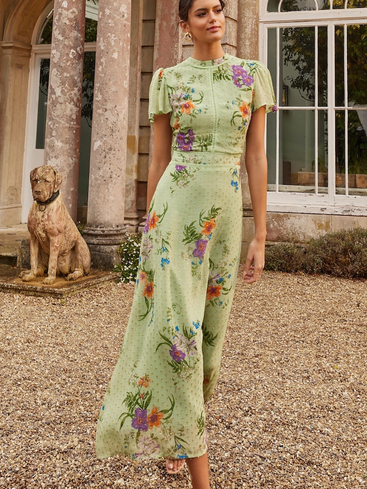 Love & Roses Green Petite Metallic Printed High Neck Flutter Sleeve Midi Dress - Image 2 of 4