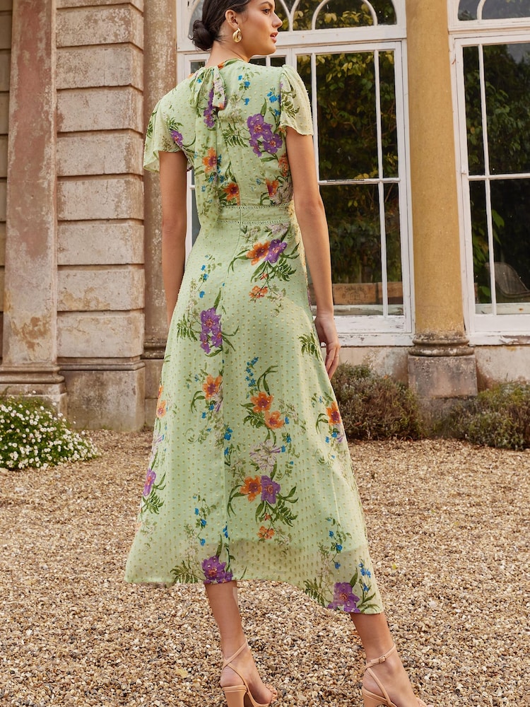 Love & Roses Green Petite Metallic Printed High Neck Flutter Sleeve Midi Dress - Image 4 of 4