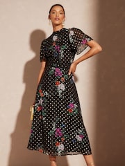 Love & Roses Black Floral Metallic Printed High Neck Flutter Sleeve Midi Dress - Image 1 of 4
