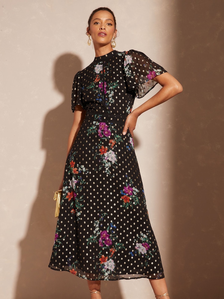 Love & Roses Black Floral Metallic Printed High Neck Flutter Sleeve Midi Dress - Image 1 of 4