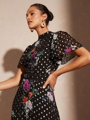Love & Roses Black Floral Metallic Printed High Neck Flutter Sleeve Midi Dress - Image 2 of 4