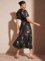 Love & Roses Black Floral Metallic Printed High Neck Flutter Sleeve Midi Dress - Image 3 of 4