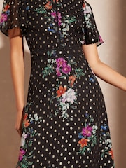 Love & Roses Black Floral Metallic Printed High Neck Flutter Sleeve Midi Dress - Image 4 of 4