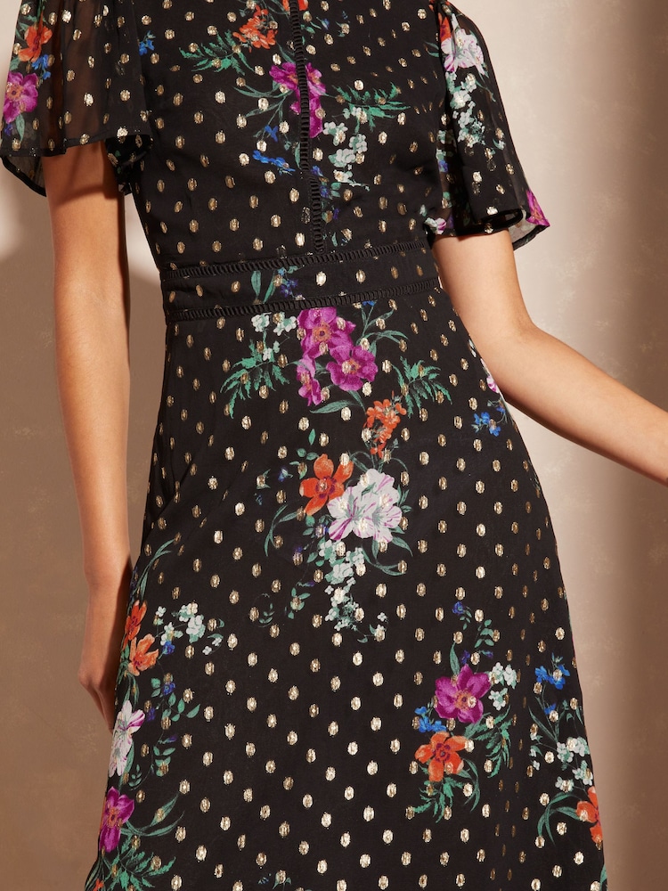Love & Roses Black Floral Metallic Printed High Neck Flutter Sleeve Midi Dress - Image 4 of 4