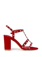 Linzi Red Faux Suede Selena Strappy Studded Block Heeled Sandal - Image 2 of 4