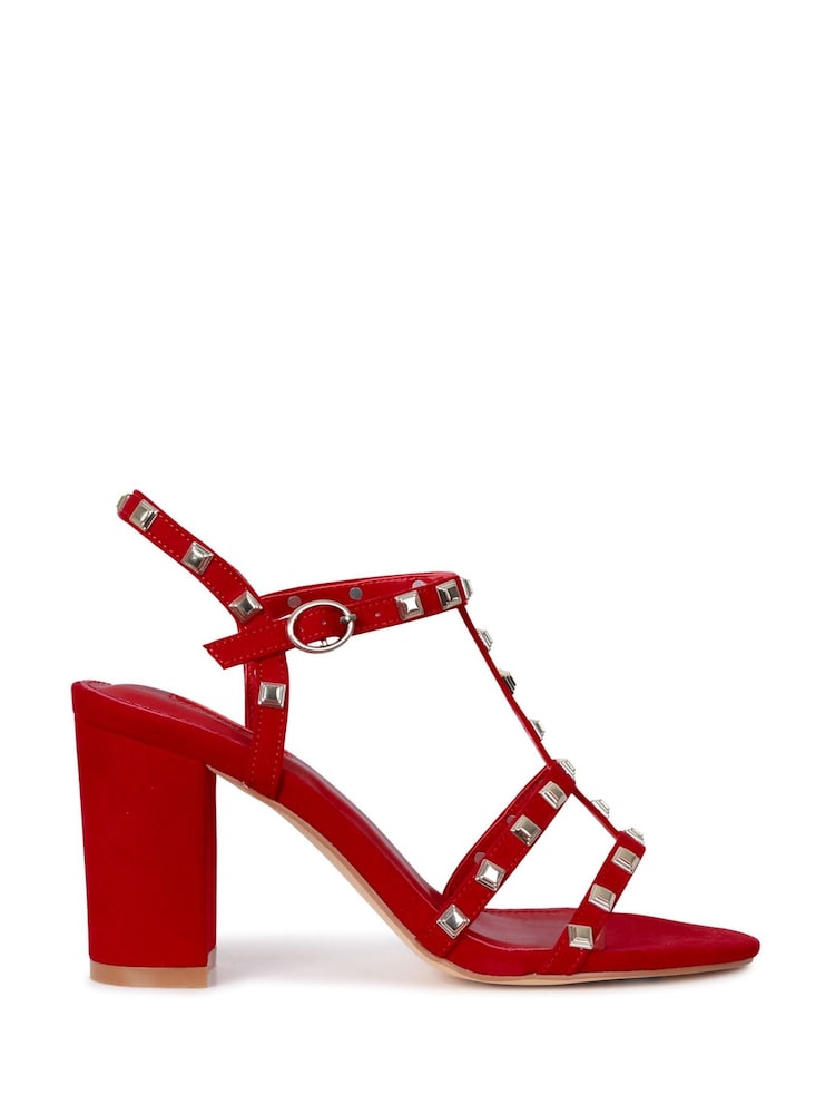 Linzi Red Faux Suede Selena Strappy Studded Block Heeled Sandal - Image 2 of 4