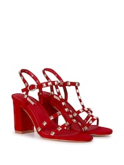 Linzi Red Faux Suede Selena Strappy Studded Block Heeled Sandal - Image 3 of 4