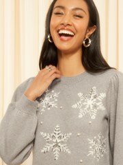 Friends Like These Grey Christmas Snow Flake Long Sleeve Jumper Dress - Image 2 of 4