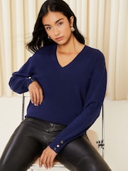 Friends Like These Navy Blue V Neck Tunic Knitted Jumper - Image 1 of 4