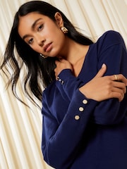 Friends Like These Navy Blue V Neck Tunic Knitted Jumper - Image 2 of 4