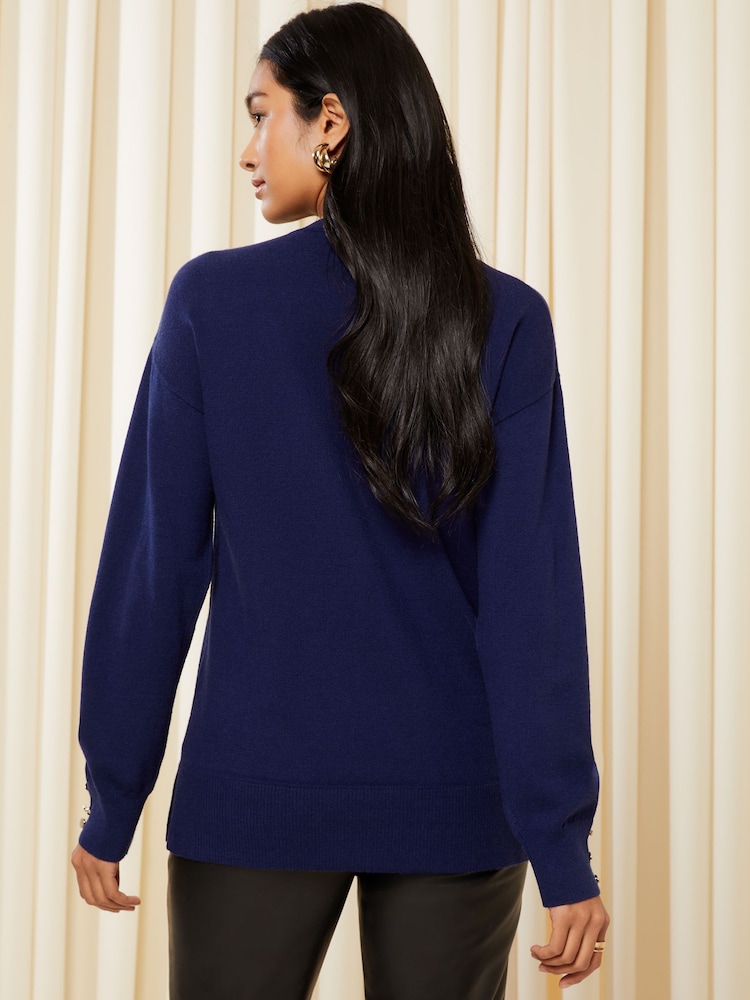Friends Like These Navy Blue V Neck Tunic Knitted Jumper - Image 4 of 4