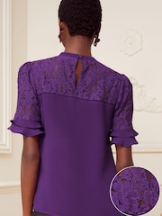 Love & Roses Purple Lace Mix Yoke High Neck Ruffle Sleeve Top - Image 2 of 4