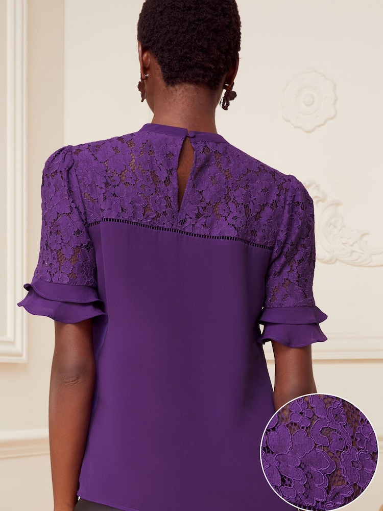 Love & Roses Purple Lace Mix Yoke High Neck Ruffle Sleeve Top - Image 2 of 4