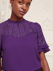 Love & Roses Purple Lace Mix Yoke High Neck Ruffle Sleeve Top - Image 3 of 4