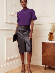 Love & Roses Purple Lace Mix Yoke High Neck Ruffle Sleeve Top - Image 4 of 4