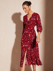 Love & Roses Red Animal V Neck Twist Front Long Sleeve Midi Dress - Image 1 of 4