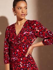 Love & Roses Red Animal V Neck Twist Front Long Sleeve Midi Dress - Image 2 of 4