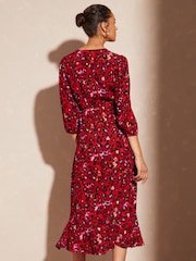 Love & Roses Red Animal V Neck Twist Front Long Sleeve Midi Dress - Image 3 of 4
