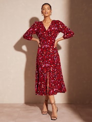 Love & Roses Red Animal V Neck Twist Front Long Sleeve Midi Dress - Image 4 of 4